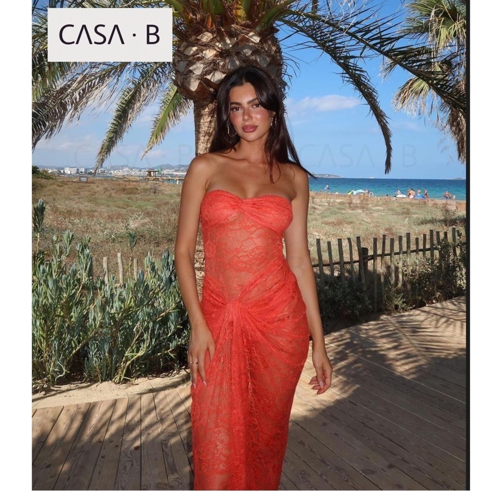 NEW to CASA B💫 Theresa Front-Twist Strapless Lace Maxi Dress-Tangerine orange - Picture 6 of 17